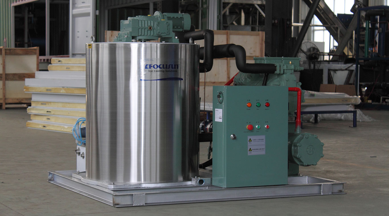 Seawater flake ice machines for seafaring vessels